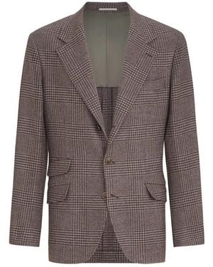 Brunello Cucinelli Comfort Wool And Cashmere Prince Of Wales Flannel Deconstructed Cavallo Blazer - Brown