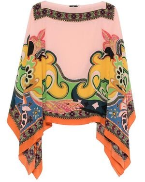 Etro Paisley-Print Boat-Neck Poncho - Pink