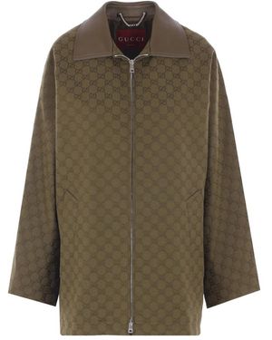 Gucci Gg Monogram Leather-Collar Coat - Green