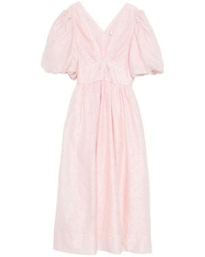 Sea Puff-Sleeve V-Neck Midi Dress - Pink