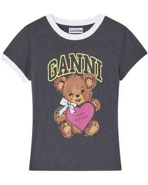 Ganni Teddy-Print Ringer T-Shirt - Grey