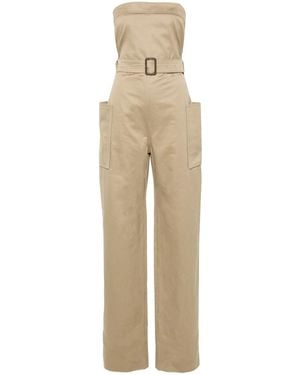 Saint Laurent Strapless Belted Cotton Jumpsuit - Natural