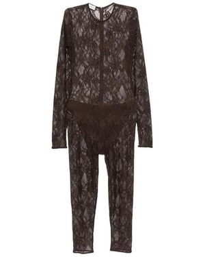 ANDAMANE Sheila Lace-Pattern Long-Sleeve Jumpsuit - Brown