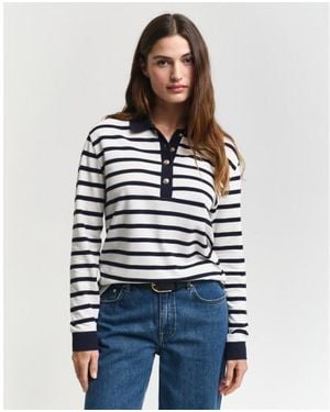 GANT Polo À Manches Longues En Piqué À Rayures Bretonnes Blanc, Marine - Bleu