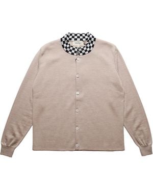 Second Layer Checkered Crew Collar Button Up Knit - Natural