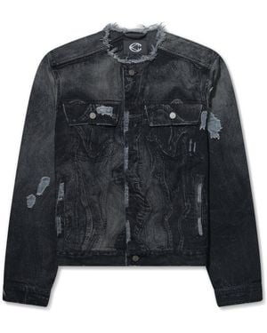 CAMPERLAB Distorted Print Distressed Denim Jacket - Black