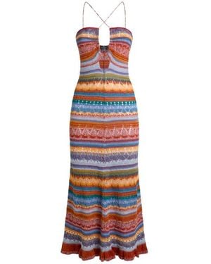 Etro Long Knit Cotton Dress With Stripes And Openwork - White