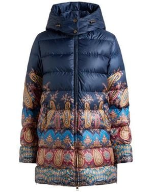 Etro Down Jacket With Hood And Placed Print - Blue