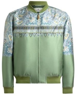 Etro Silk Bomber Jacket With Placed Pocket-Square Paisley Print - Green