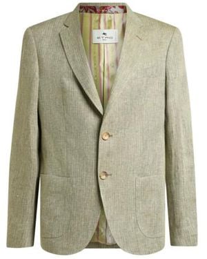 Etro Single-Breasted Linen Jacket With Chevron Motif - Green
