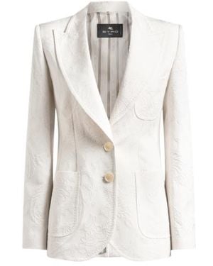 Etro Single-Breasted Cotton-Blend Jacquard Jacket With Paisley Foliage Motif - White