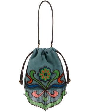 Etro Small Suede Kalispera Bag With Beads And Fringes - Blue