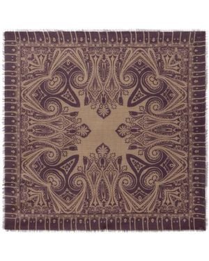 Etro Wool And Silk Jacquard Scarf With Houndstooth Motif And Print - Brown