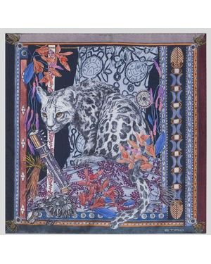 Etro Silk Pocket Square With Placed Leopard Print - Blue
