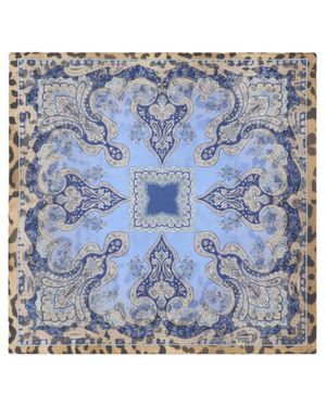 Etro Silk Pocket Square With Animal And Paisley Motif - Blue