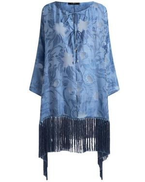 Etro Silk Jacquard Kaftan With Fringing And Fil Coupé Floral Motif - Blue