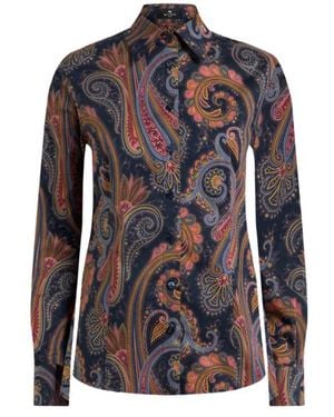Etro Stretch Cotton Poplin Shirt With Paisley Motif - Blue