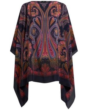 Etro Silk Poncho Top With Paisley Degradé Motif - Red