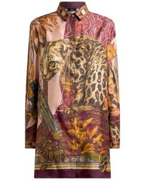 Etro Long Silk Shirt With Placed Leopard Print - Brown