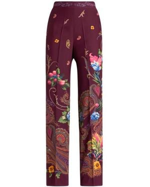 Etro Silk Pants With Micro Motif And Placed Floral Paisley Print - Red