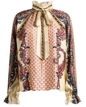 Etro Silk Twill Blouse With Silk Scarf And Floral Geometric Motif - White