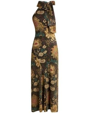 Etro Metallic Ribbed Knit Long Dress With Floral Motif - Black