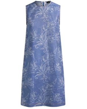 Etro Cotton And Linen Jacquard Denim Mini Dress With Leafy Paisley Motif - Blue