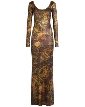 Etro Long Metallic Jersey Dress With Floral Motif - Natural