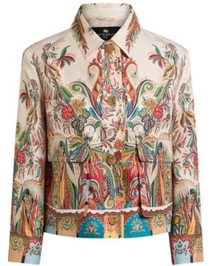 Etro Cropped Silk Jacket With Placed Paisley Foliage Print - White