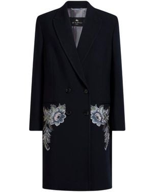 Etro Double-Breasted Coat With Floral Embroidery - Black