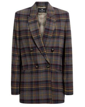 Etro Double-Breasted Stretch Wool Jacket With Check Motif - Black