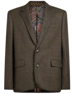 Etro Single-Breasted Wool Jacket With Micro Houndstooth Motif - Brown