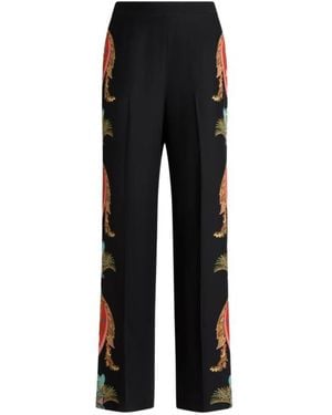 Etro Straight-Leg Silk Pants With Leafy Paisley Motif - Black
