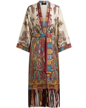 Etro Silk Duster With Fringing And Placed Paisley Foliage Print - White