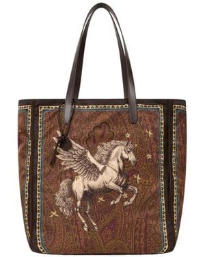 Etro Nylon Tote Bag With Pegaso Print And Arnica Motif - Brown