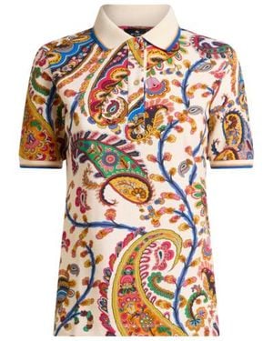 Etro Stretch Cotton Pique Polo Shirt With Floral Paisley Motif - White