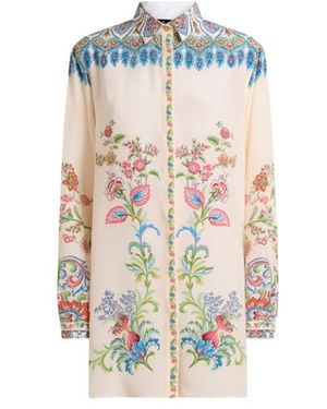 Etro Long Silk Shirt With Placed Floral Print - White