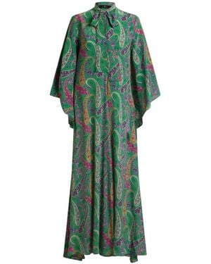 Etro Silk Long Dress With Silk Scarf And Floral Paisley Motif - Green