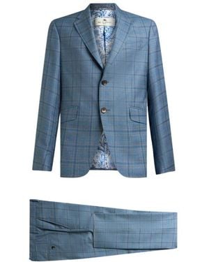 Etro Single-Breasted Wool Suit With Check Motif - Blue