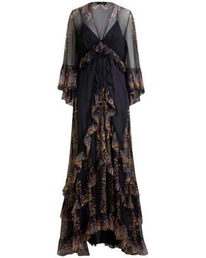 Etro Long Silk Dress With Placed Paisley Foliage Print - Black
