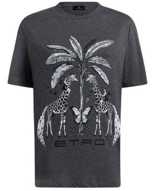 Etro Cotton Jersey T-Shirt With Placed Giraffe Print - Black