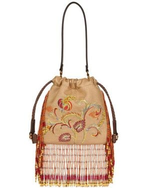 Etro Small Raffia Kalispera Bag With Embroidery And Fringing - Natural