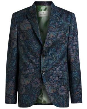 Etro Single-Breasted Wool Jacket With Floral Motif - Blue