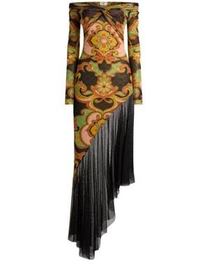 Etro Asymmetric Tulle Midi Dress With Placed Floral Print - Multicolor