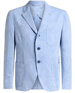 Etro Single-Breasted Striped Cotton Jacket With Floral Paisley Motif - Blue