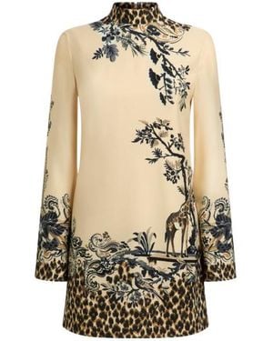 Etro Envers Satin Mini Dress With Front Print And Leopard Motif - Natural
