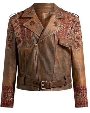 Etro Leather Biker Jacket With Embroidery - Brown
