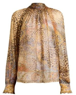 Etro Silk Chiffon Blouse With Silk Scarf And Paisley And Animal Motif - Natural