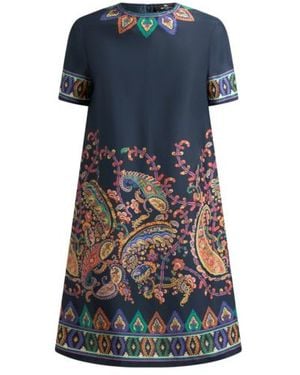 Etro Silk Mini Tunic Dress With Placed Floral Paisley Print - Blue