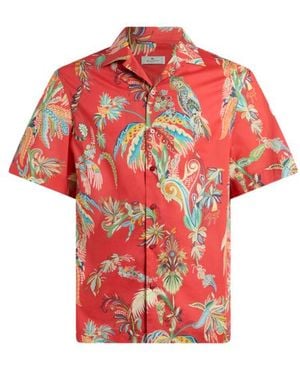 Etro Cotton Bowling Shirt With Placed Parrot And Palm Tree Print - Red